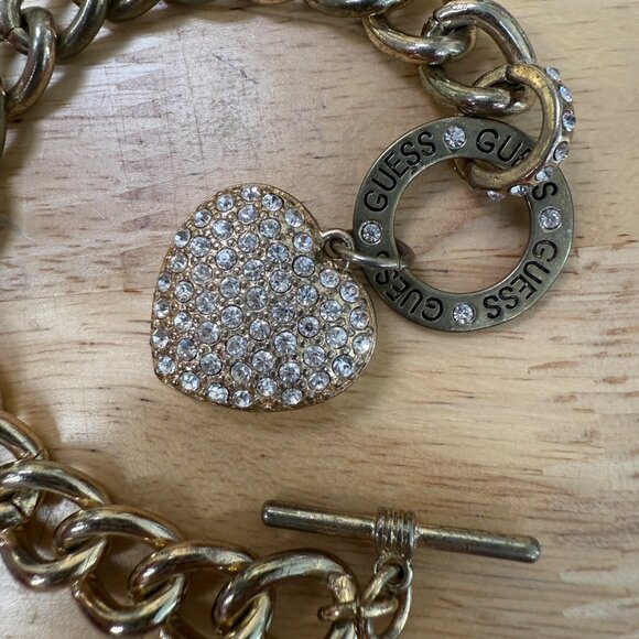 Guess Gold-Tone Chain-Link Toggle Bracelet With Pave Crystal Heart Charm - Picture 12 of 13